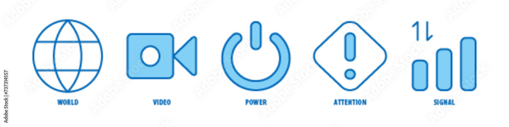 Signal, Attention, Power, Video, World editable stroke outline icons set isolated on white background flat vector illustration. Signal, Attention, Power, Video, World editable stroke outline icons set isolated on white background flat vector illustration.