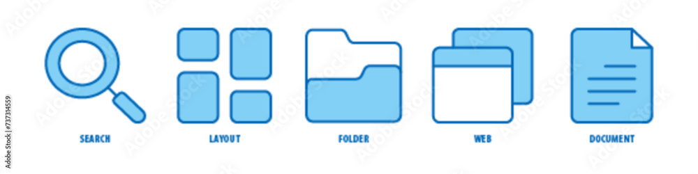 Document, Web, Folder, Layout, Search editable stroke outline icons set isolated on white background flat vector illustration. Document, Web, Folder, Layout, Search editable stroke outline icons set isolated on white background flat vector illustration.