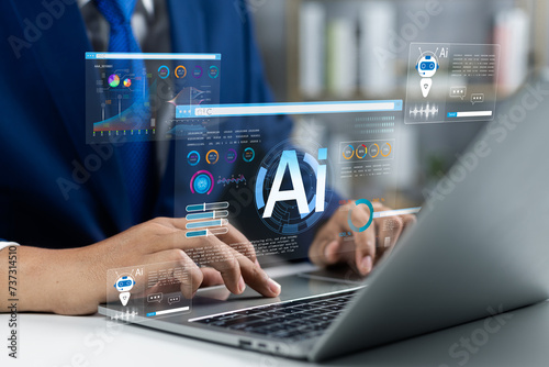 Businessman use artificial intelligence AI technology for enhanced work efficiency data analysis and efficient tools, Unlocking work potential with AI solutions chatbot help solve work problems. photo