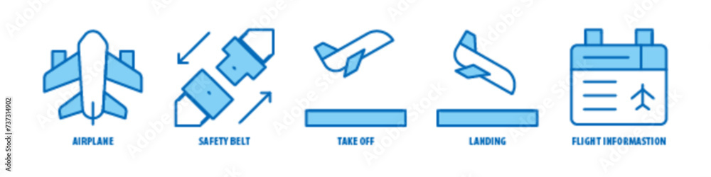 Flight information, Landing, Take off, Safety Belt, Airplane editable stroke outline icons set isolated on white background flat vector illustration. Flight information, Landing, Take off, Safety Belt, Airplane editable stroke outline icons set isolated on white background flat vector illustration.