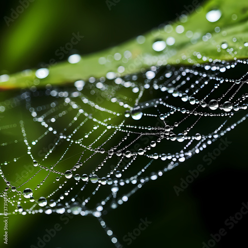 Macro shot of a dew-covered spider web with a small insect.