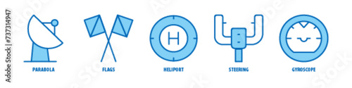 Gyroscope, Steering, Heliport, Flags, Parabola editable stroke outline icons set isolated on white background flat vector illustration.