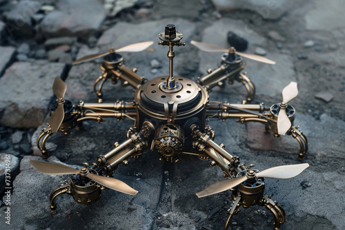 A brass drone evoking a steampunk aesthetic