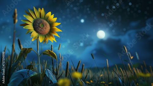 A beautiful intricately designed 3D render showing a sunflower unfolding its petals in the tranquility of the night