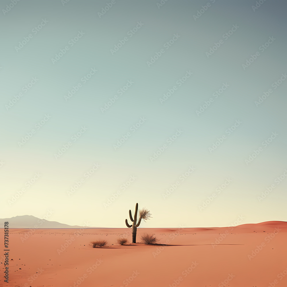 Minimalist desert landscape with a lone cactus.