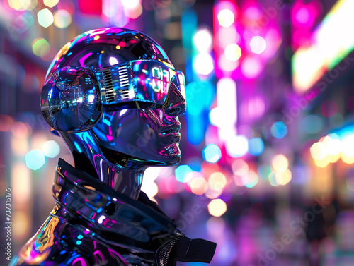 A compelling illustration of a chrome skinned human caught in the interplay of artificial city lights