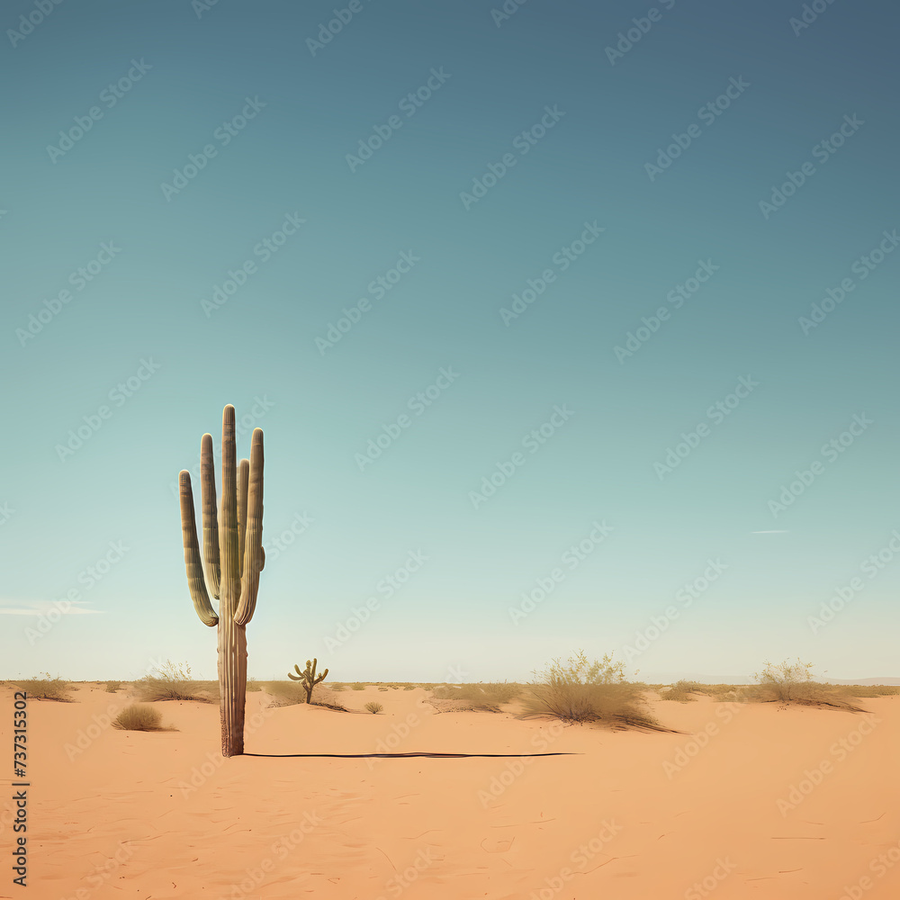 Minimalist desert landscape with a lone cactus.