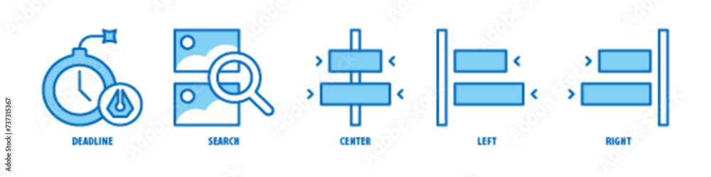 Right, Left, Center, Search, Deadline editable stroke outline icons set isolated on white background flat vector illustration. Right, Left, Center, Search, Deadline editable stroke outline icons set isolated on white background flat vector illustration.