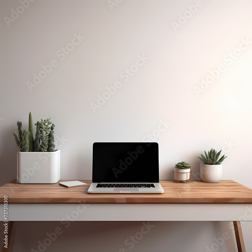  Minimalist office desk with a laptop and succulent © Cao