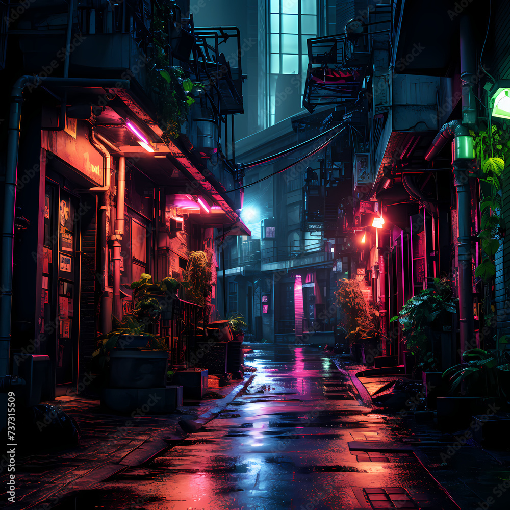 Moody image of a city alley with glowing neon signs