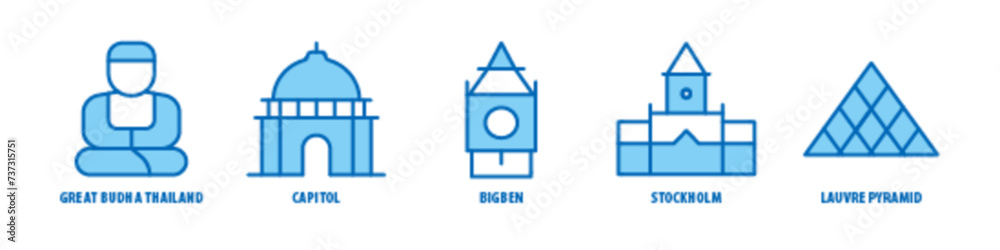 Louvre Pyramid, Stockholm, Big Ben, Capitol, Great Buddha Thailand editable stroke outline icons set isolated on white background flat vector illustration.