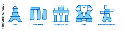 Kinderdijk windmills, Sphinx, Brandenburg gate, Stone Henge, Eiffel editable stroke outline icons set isolated on white background flat vector illustration. photo