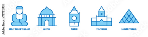 Louvre Pyramid, Stockholm, Big Ben, Capitol, Great Buddha Thailand editable stroke outline icons set isolated on white background flat vector illustration.