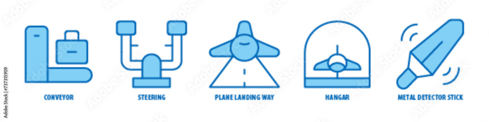 Metal Detector Stick, Hangar, Plane Landing way, Steering, Conveyor editable stroke outline icons set isolated on white background flat vector illustration. Metal Detector Stick, Hangar, Plane Landing way, Steering, Conveyor editable stroke outline icons set isolated on white background flat vector illustration.