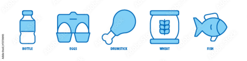 Fish, Wheat, Drumstick, Eggs, Bottle editable stroke outline icons set isolated on white background flat vector illustration.