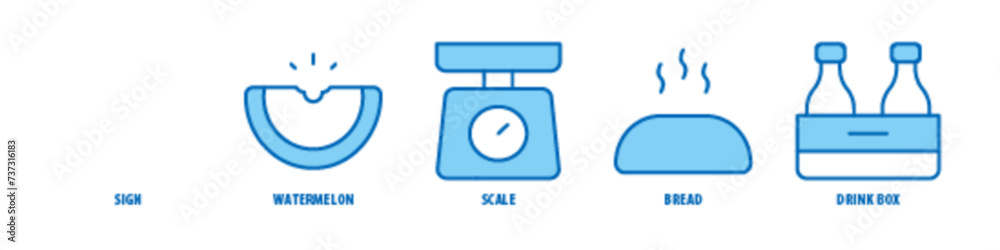 Drink box, Bread, Scale, Watermelon, Sign editable stroke outline icons set isolated on white background flat vector illustration. Drink box, Bread, Scale, Watermelon, Sign editable stroke outline icons set isolated on white background flat vector illustration.