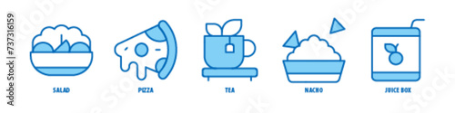 Juice box, Nacho, Tea, Pizza, Salad editable stroke outline icons set isolated on white background flat vector illustration.