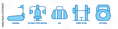 Kettlebell, Power Lifting, Bag, Butterfly Press Machine, Treadmill editable stroke outline icons set isolated on white background flat vector illustration.