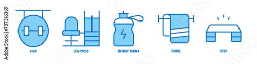 Step, Towel, Energy Drink, Leg Press, Sign editable stroke outline icons set isolated on white background flat vector illustration.