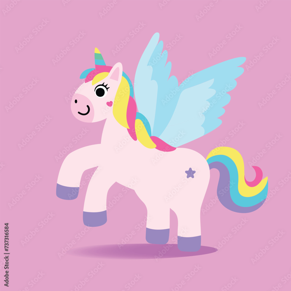 Adorable Unicorn illustration.Cute Little Baby Unicorn with Rainbow Hair and white wings.