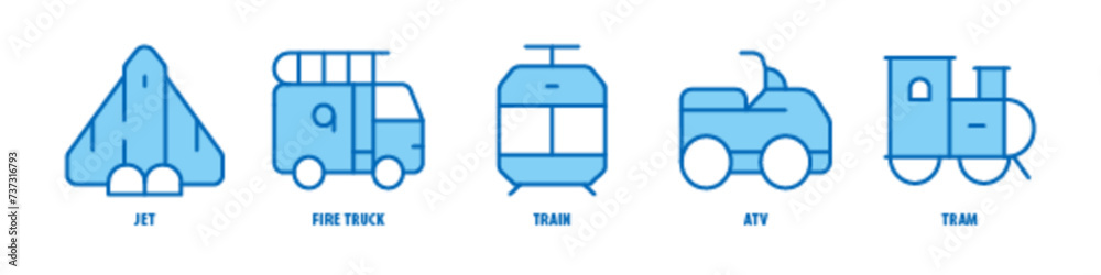 Tram, ATV, Train, Fire Truck, Jet editable stroke outline icons set isolated on white background flat vector illustration. Tram, ATV, Train, Fire Truck, Jet editable stroke outline icons set isolated on white background flat vector illustration.