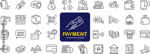 Payment set of web icons in line style. Business and finance payment icons for web and mobile app. Credit card, money, banking, exchange, cash and transaction, NFC. Vector illustration