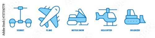 Bulldozer, Helicopter, Motor snow, Plane, Segway editable stroke outline icons set isolated on white background flat vector illustration.