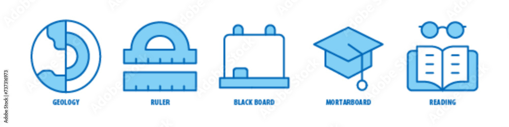 Reading, Mortarboard, Black Board, Ruler, Geology editable stroke outline icons set isolated on white background flat vector illustration. Reading, Mortarboard, Black Board, Ruler, Geology editable stroke outline icons set isolated on white background flat vector illustration.