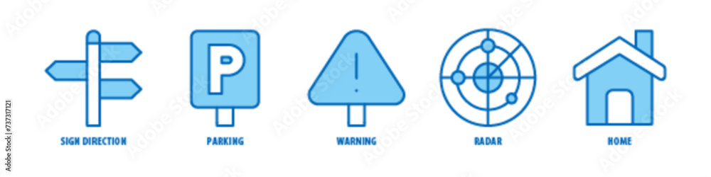 Home, Radar, Warning, Parking, Sign Direction editable stroke outline icons set isolated on white background flat vector illustration. Home, Radar, Warning, Parking, Sign Direction editable stroke outline icons set isolated on white background flat vector illustration.