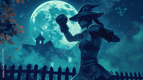 A detailed illustration of a boxing witch practicing aggressive punches under the moonlight photo