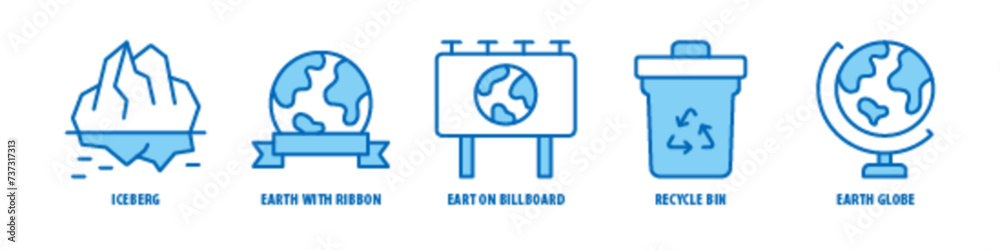 Earth Globe, Recycle bin, Earth on Billboard, Earth with Ribbon, Iceberg editable stroke outline icons set isolated on white background flat vector illustration. Earth Globe, Recycle bin, Earth on Billboard, Earth with Ribbon, Iceberg editable stroke outline icons set isolated on white background flat vector illustration.