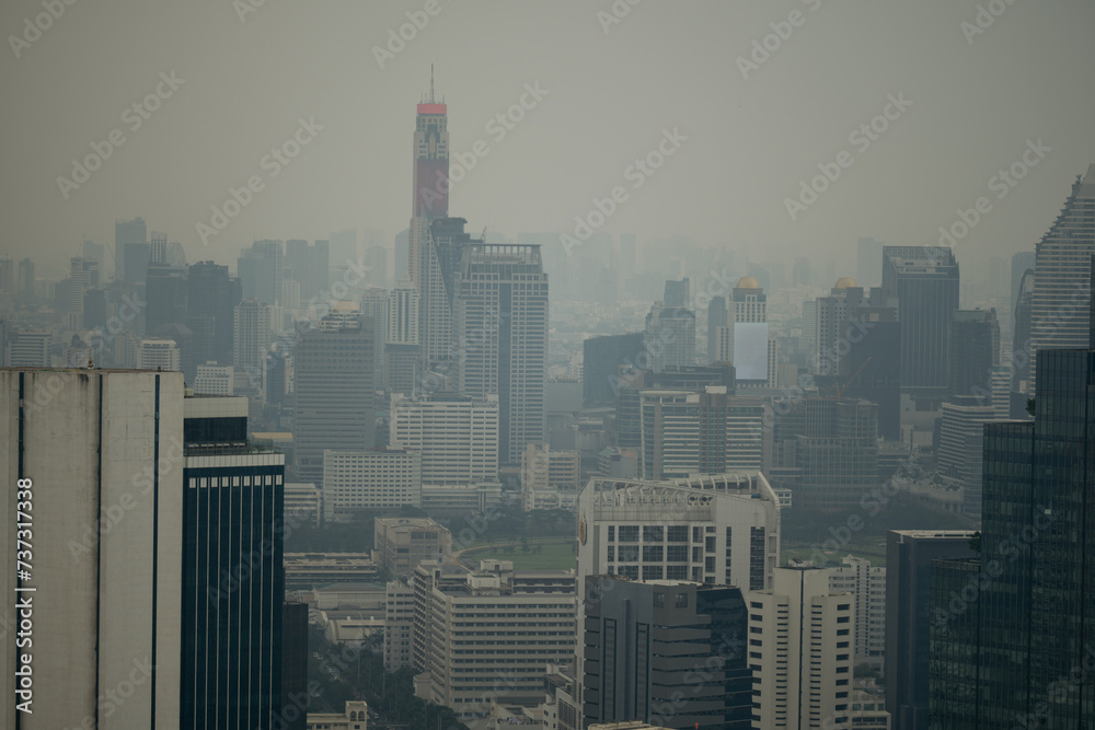 Hazy Skyline of Bangkok, Thailand with Modern Building