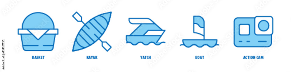 Action Cam, Boat, Yacht, Kayak, Basket editable stroke outline icons set isolated on white background flat vector illustration. Action Cam, Boat, Yacht, Kayak, Basket editable stroke outline icons set isolated on white background flat vector illustration.
