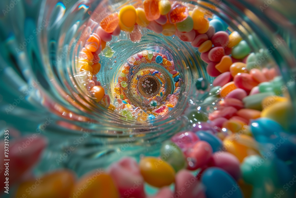 A mesmerizing view of candies in various shapes and colors spiraling down a whirlpool A mesmerizing view of candies in various shapes and colors spiraling down a whirlpool