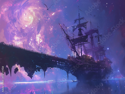 A mystic illustration of a pirate ship anchored on a spectral space pier