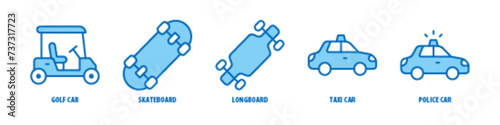 Police car, Taxi car, Longboard, Skateboard, Golf Car editable stroke outline icons set isolated on white background flat vector illustration.
