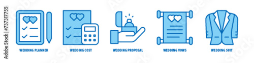 Wedding Suit, Wedding Vows, Wedding Proposal, Wedding Cost, Wedding Planner editable stroke outline icons set isolated on white background flat vector illustration.