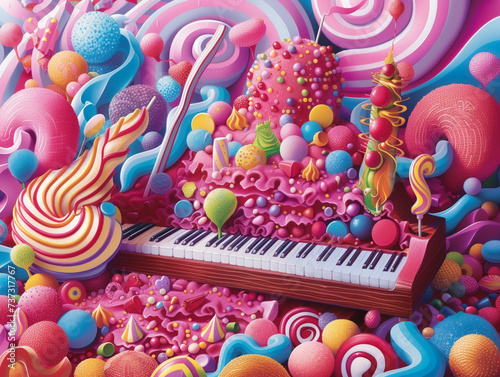 A serene musical symphony composed of sweet candies in a vibrant color palette illustrated