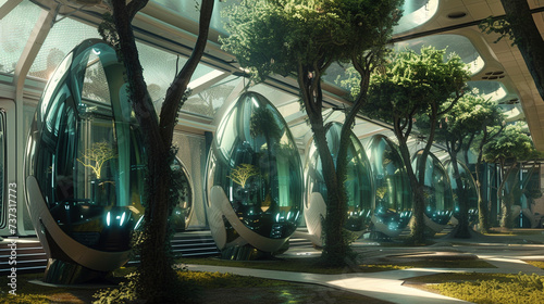 A serene view of a laboratory in the future filled with stasis pods ingeniously formed like trees photo