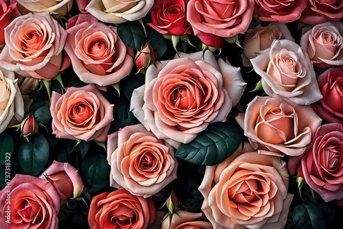 red background, A close-up shot captures the intricate beauty of a rose flower arrangement, showcasing each delicate petal in stunning detail. The vibrant colors of the roses pop against the backdrop,