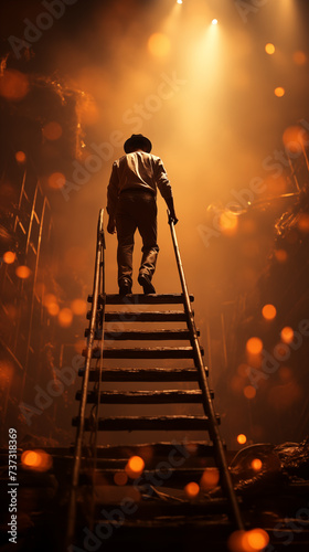 a man climing the steep steps of a ladder on his way to success. concept photo