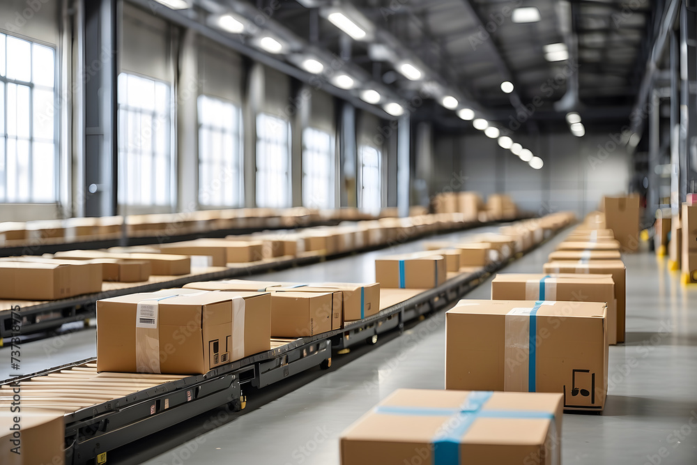 Conveyor belt in a distribution warehouse with a row of cardboard box parcels for e-commerce delivery and automated logistics concepts as a large banner with copy space design. - obrazy, fototapety, plakaty 