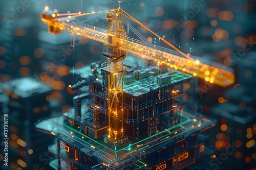 Holographic construction crane simulation  future technology  holographic technology  design engineering  blue and white tones. Generative AI