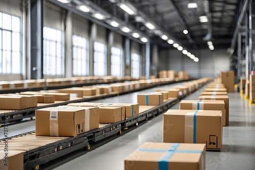 Conveyor belt in a distribution warehouse with a row of cardboard box parcels for e-commerce delivery and automated logistics concepts as a large banner with copy space design. photo