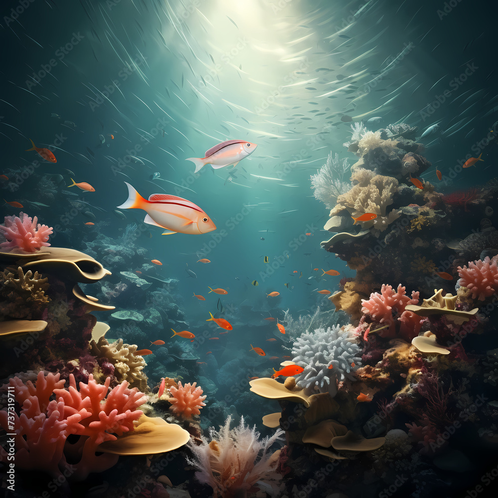 Surreal underwater scene with floating fish and coral.