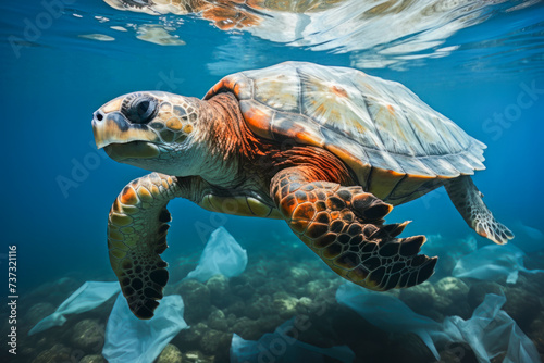 Navigating the Plastic Maze: An Oceanic Turtle's Tale, selective focus