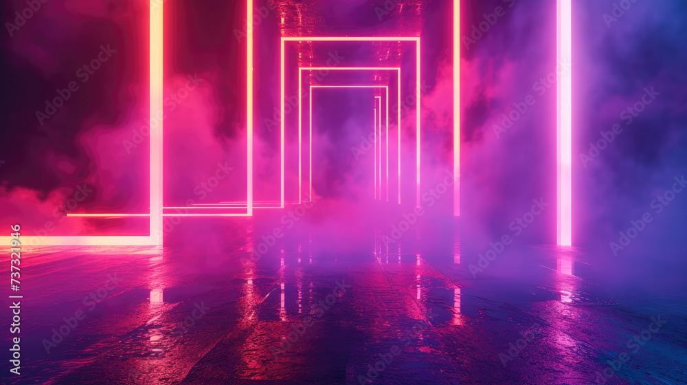 Neon stage background, empty futuristic dark room with red lighting and smoke, interior of abstract modern hall or garage. Concept of game, future, studio, technology, scene
