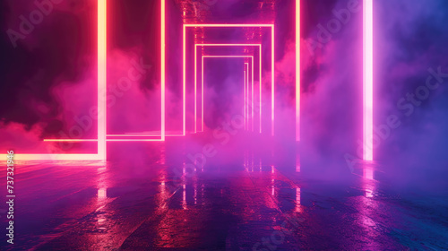 Neon stage background, empty futuristic dark room with red lighting and smoke, interior of abstract modern hall or garage. Concept of game, future, studio, technology, scene © Natalya
