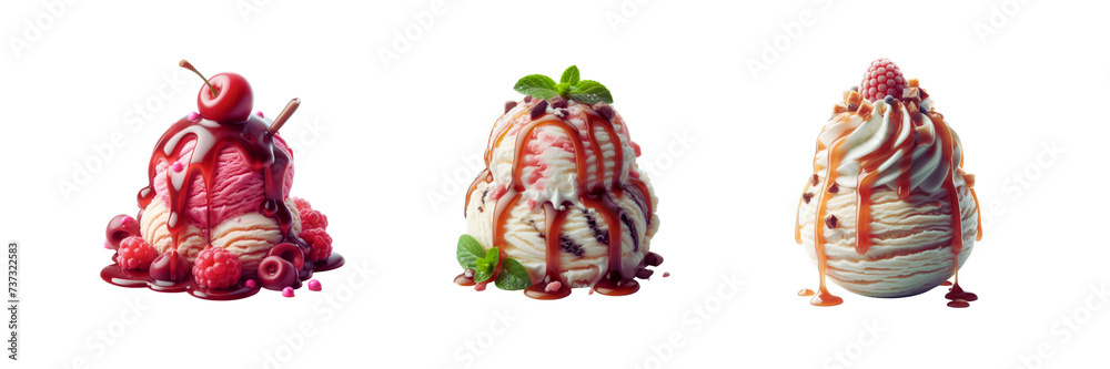 Set of Scoop of ice cream with syrup, illustration, isolated over on transparent white background