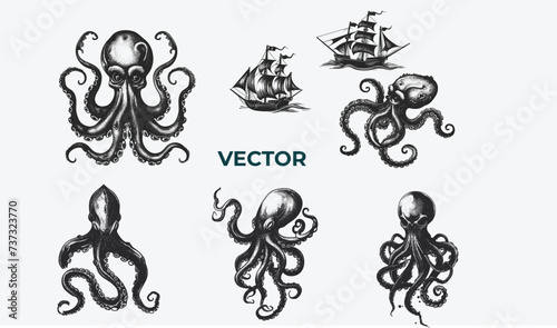 Kraken Engraving style Vector Set: Retro Halftone Dotted Ink Sketches | Vintage Hand-Drawn Sea Monster Illustrations clipart